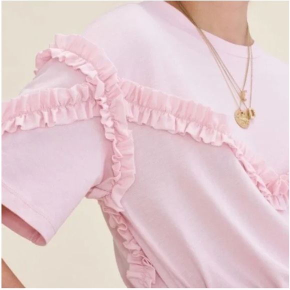 MAJE rose light pink Tournoi ruffle frill stripe detail T-shirt top - Picture 3 of 9